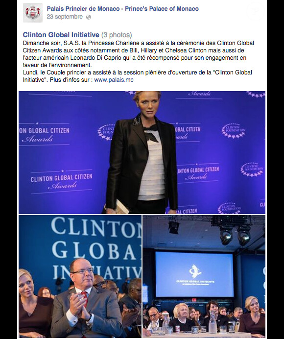 La princesse Charlene de Monaco, enceinte de jumeaux, lors de la 10e Clinton Global Initiative en septembre 2014.