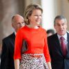 La reine Mathilde de Belgique lors de la réception, le 22 octobre 2014 au château de Laeken, de sportifs de haut niveau s'étant distingués en 2013 et 2014.