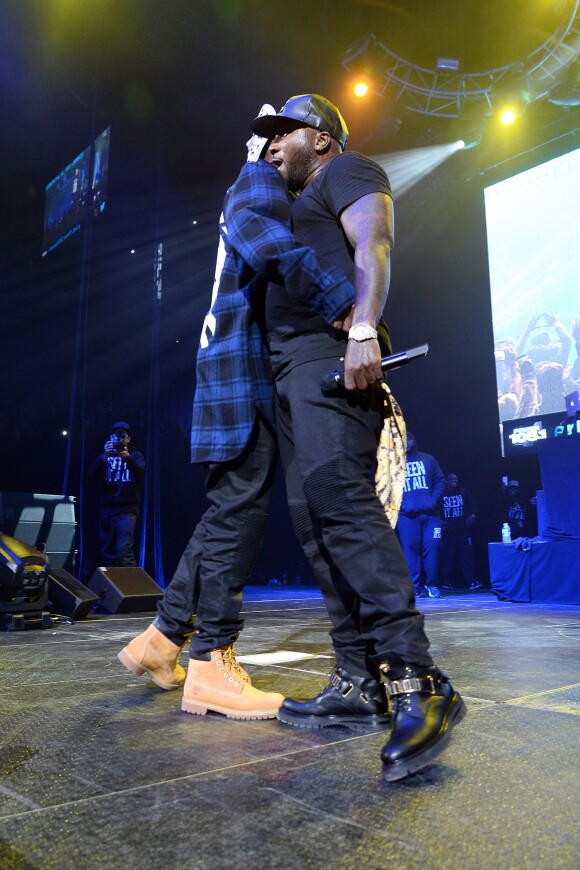 Jay Z et Jeezy interprètent Seen It All sur la scène du Barclays Center lors du concert Powerhouse 2014. Brooklyn, le 30 octobre 2014.