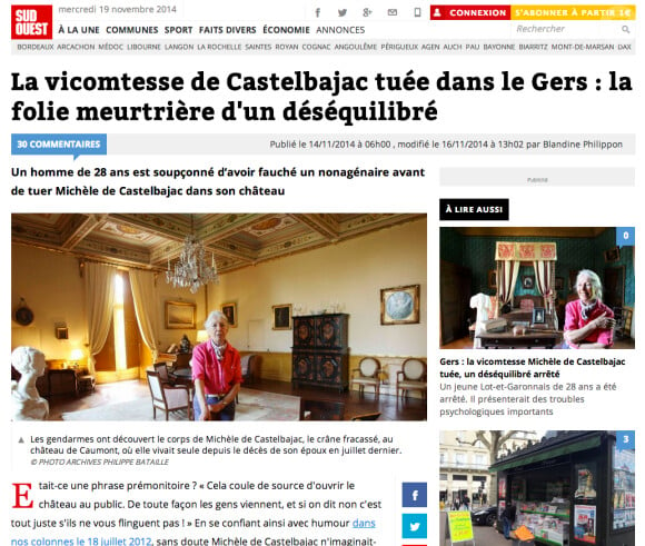 La vicomtesse de Castelbajac a été sauvagement assassinée chez elle dans le Gers, le 12 novembre 2014.