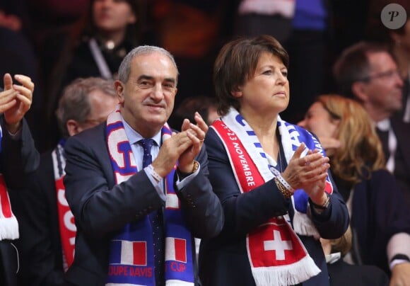 Jean Gachassin et Martine Aubry - People à la finale de la Coupe Davis (France - Suisse) au Stade Pierre Mauroy de Lille Métropole le 21 novembre 2014 