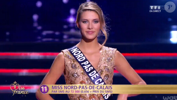 Camille Cerf (Miss Nord-Pas-de-Calais) défile lors de la cérémonie de Miss France 2015 sur TF1, le samedi 6 décembre 2014.