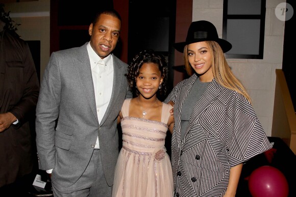 Jay Z, Quvenznhané Wallis et Beyoncé lors de l'after-party de l'avant-première du film Annie, au Ziegfield Theater. New York, le 7 décembre 2014.