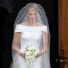 Charlène Wittstock sublime mariée, pour la cérémonie religieuse l'unissant au prince Albert, à Monaco, le 2 juillet 2011