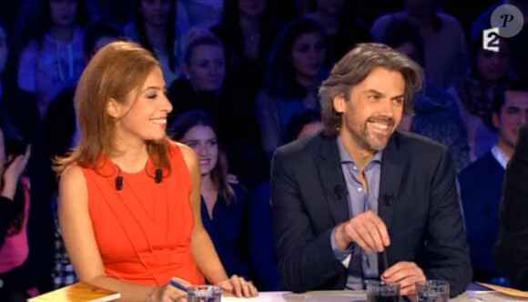 Natacha Polony a retrouvé son ex-partenaire Aymeric Caron et Laurent Ruquier dans "On n'est pas couché" sur France 2. Samedi 13 décembre 2014.