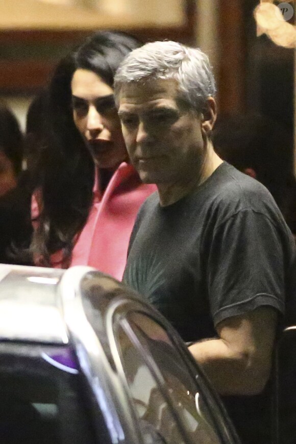 Exclusive - George Clooney and his wife Amal returned to their favorite sushi spot for yet another dinner date in Studio City, Los Angeles, CA, USA on december 17, 2014. The newlyweds, who have fast become fixtures at Asanebo Sushi, were joined by another couple at the restaurant. George wore his Casamigos Tequila t-shirt again, while his wife looked colorful in a pink blazer. Photo by GI/ABACAPRESS.COM17/12/2014 - Studio City