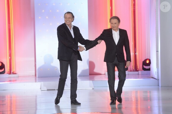 Michel Leeb et Michel Drucker - Enregistrement de l'émission Vivement Dimanche à Paris, le 7 janvier 2015. L'émission sera diffusée le 11 janvier 2015.