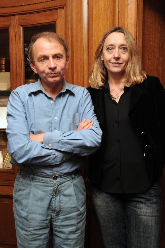 Authors Michel Houellebecq and Virginie Despentes speaking to the press after being awarded with the 2010 prestigious literature prize Prix Goncourt and Renaudot in Paris, France on November 8, 2010. Photo by Giancarlo Gorassini/ABACAPRESS.COM08/11/2010 - Paris