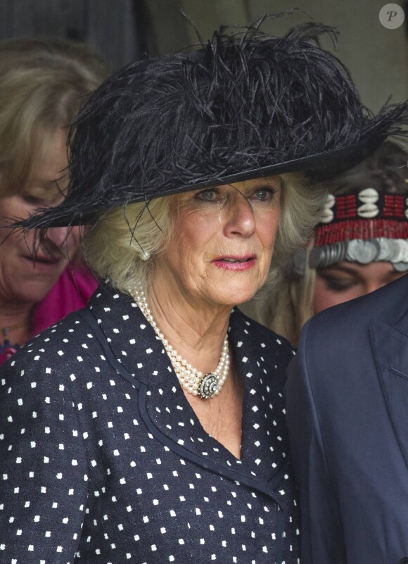 Camilla Parker Bowles était inconsolable aux obsèques de son frère Mark Shand, à Stourpaine dans le Dorset, le 1er mai 2014