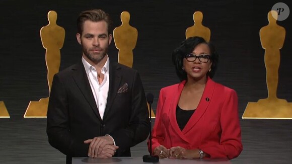 Chris Pine et la présidente de l'Académie, Cheryl Boone Isaacs, lors de l'annonce des nominations aux Oscars 2015.