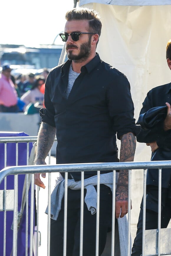 David Beckham lors de son arrivée au Super Bowl qui opposait les New England Patriots aux Seahawks de Seattle le 1er février 2015 au Phoenix Stadium de Glendale
