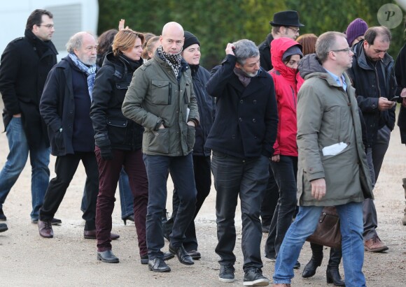 Laurent Léger, Caroline Fourest, sa compagne Fiammetta Venner et guests - Obsèques du dessinateur Charb (Stéphane Charbonnier) à la Halle Saint-Martin à Pontoise, le 16 janvier 2015.