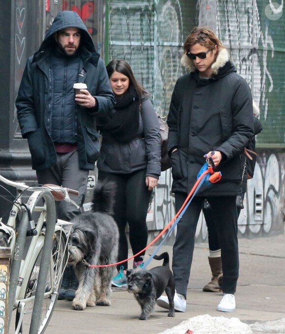 Zachary Quinto et son chéri Miles McMillan promènent leurs chiens dans les rues de New York. Le 8 février 2015