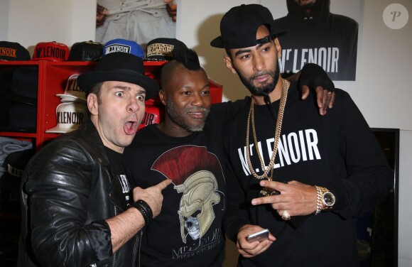 Djibril Cissé avec Michaël Youn et La Fouine lors de l'inauguration du pop-up store "Mr. Lenoir", rue Elzévir à Paris, le 30 novembre 2014