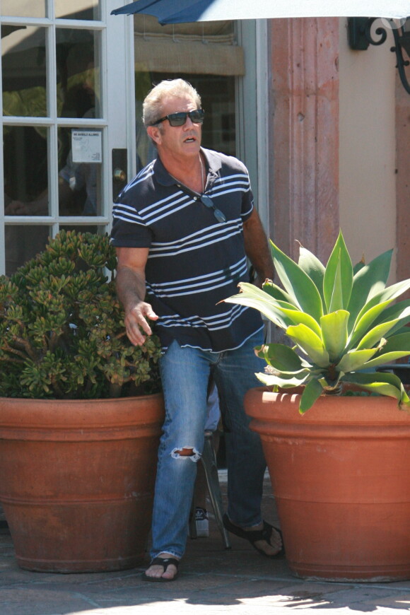 Mel Gibson, qui porte deux grosses tâches sur son tee-shirt, et Gerard Butler ont déjeuné ensemble au restaurant Coogie à Malibu. Le 15 août 2014 