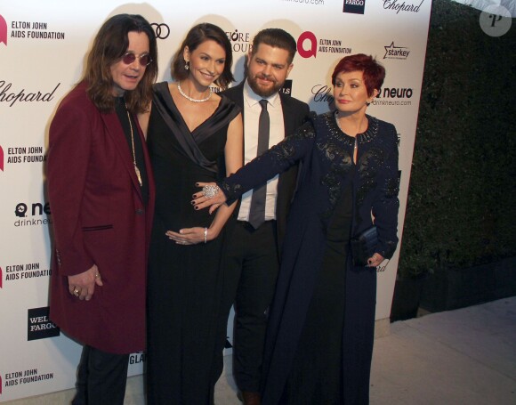 Ozzy Osbourne et sa femme Sharon Osbourne, leur fils Jack Osbourne et sa femme Lisa Stelly enceinte - Soirée "Elton John AIDS Foundation Oscar Party" 2015 à West Hollywood, le 22 février 2015.