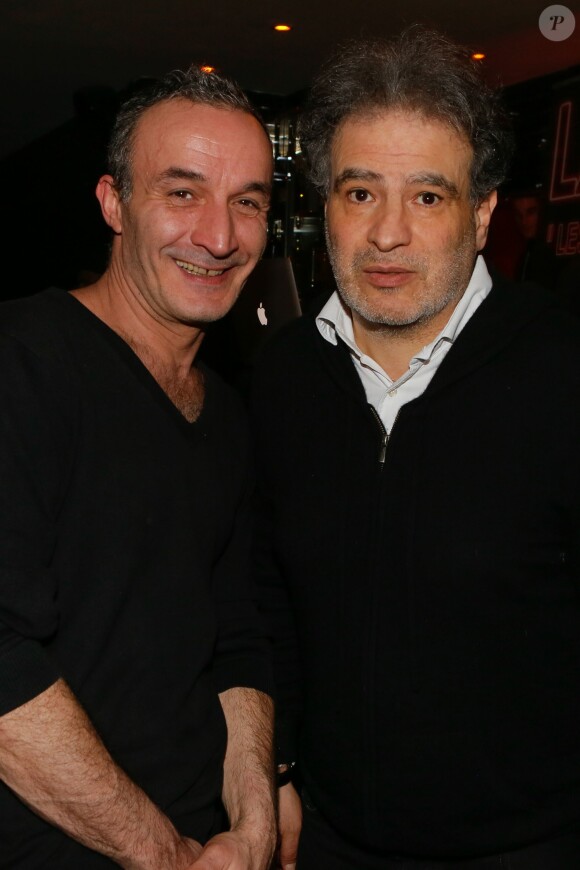 Pascal Sellem et Raphaël Mezrahi - Chantal Ladesou aux platines du restaurant "la Gioia" à Paris le 25 février 2015.
