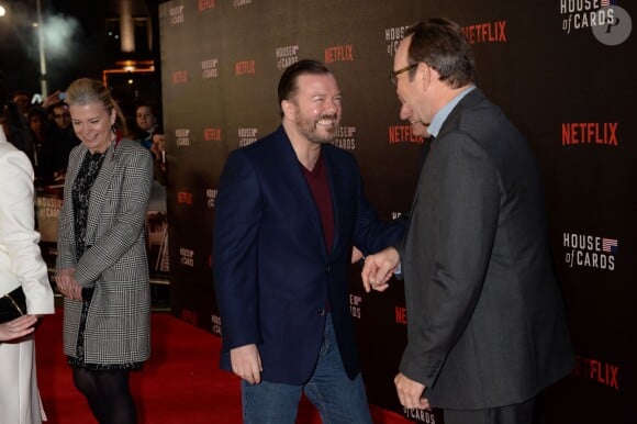 Ricky Gervais et Kevin Spacey - Première de la saison 3 de la série "House of Cards" à Londres, le 26 février 2015.