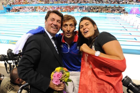 Christian Estrosi, William Forgues et Valérie Nicols à l'Aquatic Center de Londres le 31 juillet 2012