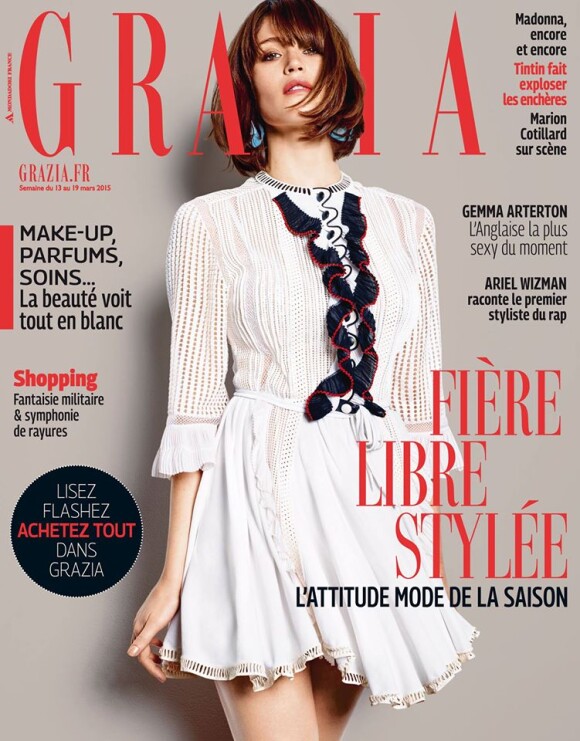 Gemma Arterton en couverture de l'hebdomadaire Grazia, numéro du 13 mars 2015.