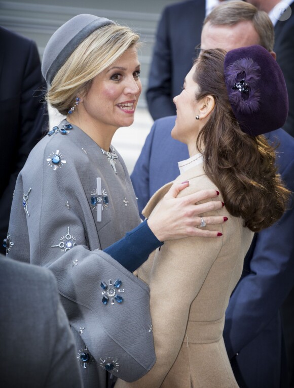 Le roi Willem-Alexander et la reine Maxima des Pays-Bas accompagnés du prince Frederik et de la princesse Mary de Danemark ont assisté à une conférence à l'université d'Aalborg à Copenhague, le 17 mars 2015.