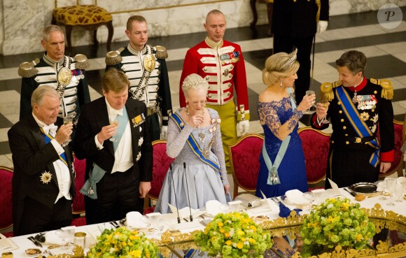 La reine Margrethe II de Danemark donnait le 17 mars 2015 au palais de Christiansborg un dîner en l'honneur de la visite officielle du roi Willem-Alexander et de la reine Maxima des Pays-Bas, auquel ont pris part le prince Frederik et la princesse Mary, le prince Joachim et la princesse Marie, ainsi que la princesse Benedikte et le prince Richard.