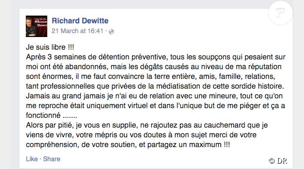 Le message de Richard Dewitte sur Facebook.