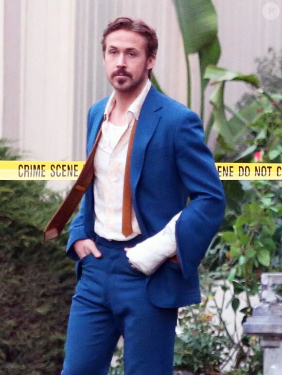 Exclusif - Ryan Gosling et Russell Crowe sur le tournage du film " The Nice guys " à Los Angeles Le 30 janvier 2015