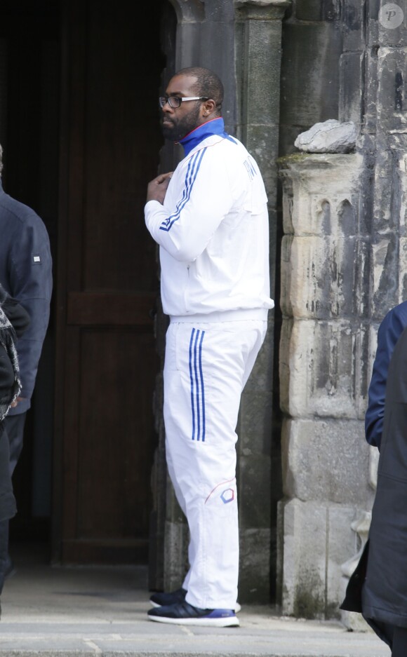 Teddy Riner lors des obsèques d'Alexis Vastine en l'église Saint-Ouen à Pont-Audemer le 25 mars 2015