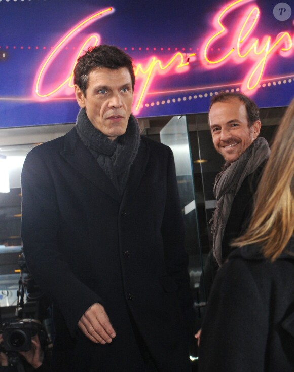 Marc Lavoine et Calogero lors de l'enregistrement de l'émission "Champs Elysées" au studio Gabriel à Paris le 7 février 2013