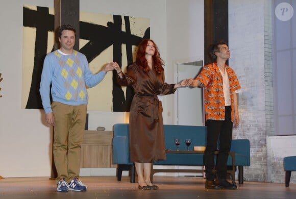 Guillaume de Tonquédec, Audrey Fleurot et Eric Elmosnino à la générale de la pièce "Un dîner d'adieu" au Théâtre Edouard Vll à Paris le 15 septembre 2014.