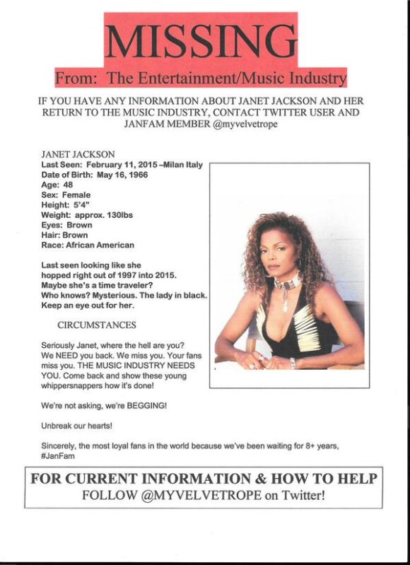 Une jeune femme prénommée Neka a lancé un avis de recherche sur son idole, la chanteuse Janet Jackson. Avril 2015.