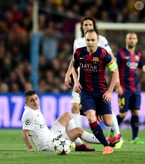 Barcelona's Andres Iniesta (right) gets away from Paris Saint-Germain's Marco Verratti (left) during the UEFA Champions League Quarter-Final 2nd Leg football match, FC Barcelona Vs Paris Saint-Germain at Nou Camp Nou in Barcelona, Spain on april 21, 2015. Photo by Adam Davy/EMPICS Sport/ABACAPRESS.COM22/04/2015 - Barcelona
