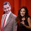 Exclusif - Première de Fabienne Carat dans la pièce "L'Amour est dans le Prêt ?" au Ciné-Théâtre Chaplin à Paris, le 4 mai 2015. Ici avec une silhouette de Mister Bean.