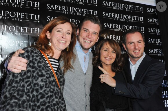 Sophie Ferjani enceinte, Norbert Tarayre et Jean-Philippe Doux - Inauguration du restaurant "Saperlipopette!" de Norbert Tarayre à Puteaux, le 17 novembre 2014.