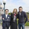 Julien Kauffmann, Revenue Management et Analyses, Valérie Trierweiler et Marc-Emmanuel - Lancement de la campagne "Vacances d'été 2015" du Secours Populaire à Disneyland Paris. Le 16 mai 2015