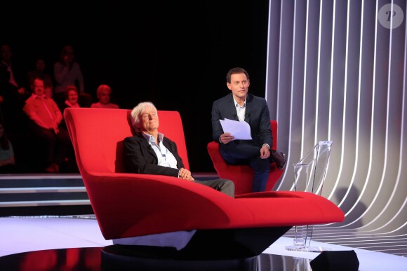 Exclusif - Marc-Olivier Fogiel et Dave, lors de l'enregistrement de l'émission Le Divan, le 4 mai 2015 (diffusée le 19 mai 2015, sur France 3).