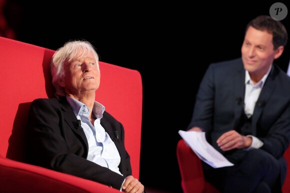 Exclusif - Marc-Olivier Fogiel et Dave, lors de l'enregistrement de l'émission Le Divan, le 4 mai 2015 (diffusée le 19 mai 2015, sur France 3).