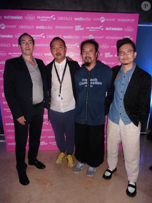 Exclusif - Julien Selleron et l'équipe du film "Mountains May Depart" Yu Lik Vay, Zhang Yang et Wang Hu Jng posent lors d'une soirée à la suite Sandra and Co au 63 la Croisette à Cannes, le 19 mai 2015.