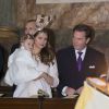 La princesse Madeleine de Suède, enceinte, son mari Chris et leur fille Leonore lors de la publication des bans du mariage du prince Carl Philip et de Sofia Hellqvist en la chapelle royale à Stockholm le 17 mai 2015.