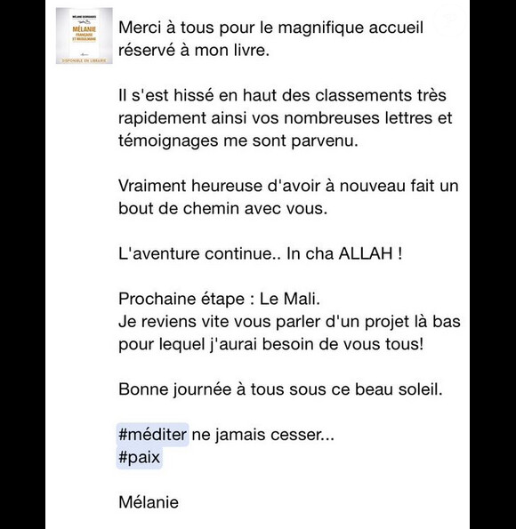 La chanteuse Diam's revient sur Twitter et remercie ses fans d'avoir acheté son deuxième ouvrage Mélanie, française et musulmane (Editions Don Quichotte). Juin 2015.