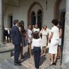 Michelle Obama et ses filles Malia et Sasha sont reçues par Matteo Renzi et sa femme Agnese Landini à Santa Maria delle Grazie où elles ont pu admirer "La Cène" le tableau de Léonard de Vinci à Milan le 17 juin 2015