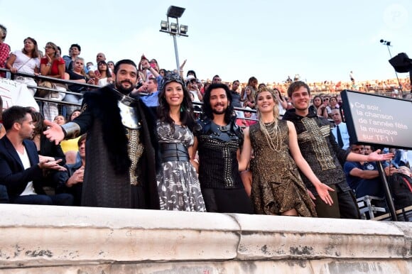 Exclusif - Florent Mothe, Zaho (Zahera Darabid), Fabien Incardona, Camille Lou et Charlie Boisseau, dans les arènes de Nîmes à l'occasion de la spéciale Fête de la musique de l'émission La Chanson de l'année sur TF1, le samedi 20 juin 2015.