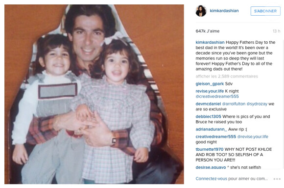 Kim Kardashian poste le 21 juin 2015 sur Instagram pour la fete des pères, une photo d'elle, son frère et son père Robert Kardashian, son défunt père.