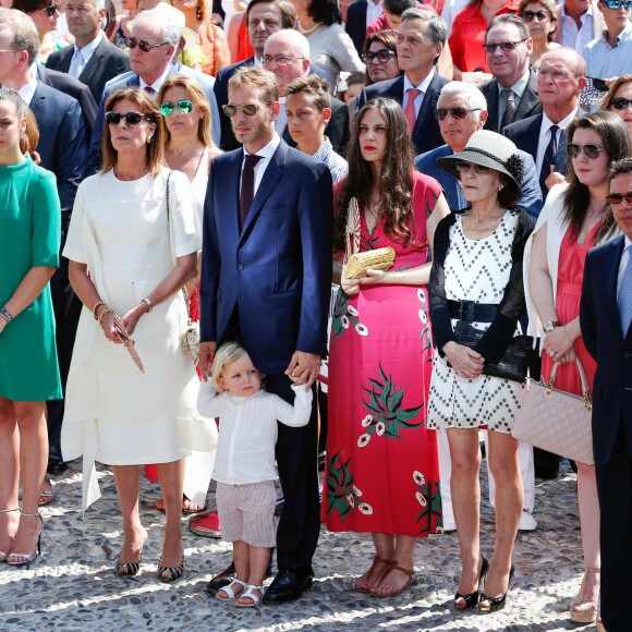 Camille Gottlieb, Pauline Ducruet, la princesse Caroline de Hanovre, Sacha Casiraghi, Andrea Casiraghi, Tatiana Santo Domingo Casiraghi, Elisabeth-Anne de Massy, Mélanie-Antoinette de Massy sur la place du palais princier à Monaco samedi 11 juillet 2015 lors des célébrations des 10 ans de règne du prince Albert II.