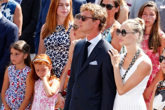 Charlotte Casiraghi, Pierre Casiraghi et sa fiancée Beatrice Borromeo sur la place du palais princier à Monaco samedi 11 juillet 2015 lors des célébrations des 10 ans de règne du prince Albert II.