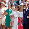 Camille Gottlieb, Pauline Ducruet, la princesse Caroline de Hanovre, Sacha Casiraghi, Andrea Casiraghi sur la place du palais princier à Monaco samedi 11 juillet 2015 lors des célébrations des 10 ans de règne du prince Albert II.