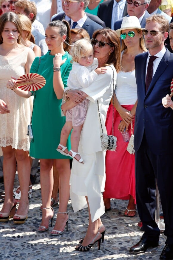 Camille Gottlieb, Pauline Ducruet, la princesse Caroline de Hanovre, Sacha Casiraghi, Andrea Casiraghi sur la place du palais princier à Monaco samedi 11 juillet 2015 lors des célébrations des 10 ans de règne du prince Albert II.