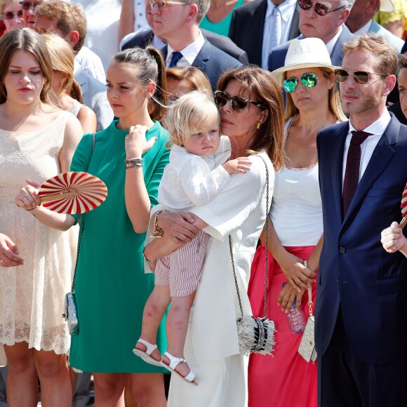 Camille Gottlieb, Pauline Ducruet, la princesse Caroline de Hanovre, Sacha Casiraghi, Andrea Casiraghi sur la place du palais princier à Monaco samedi 11 juillet 2015 lors des célébrations des 10 ans de règne du prince Albert II.