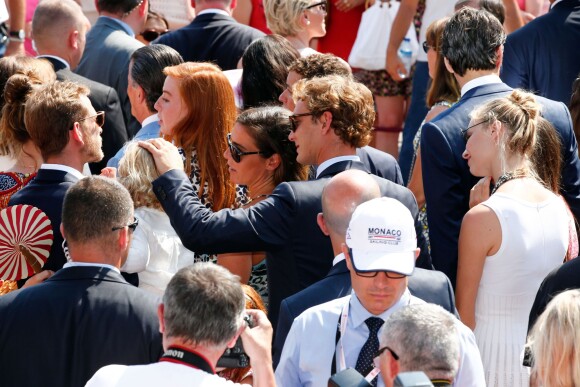 Andrea Casiraghi, son fils Sacha Casiraghi, Pierre Casiraghi et sa fiancée Beatrice Borromeo sur la place du palais princier à Monaco samedi 11 juillet 2015 lors des célébrations des 10 ans de règne du prince Albert II.